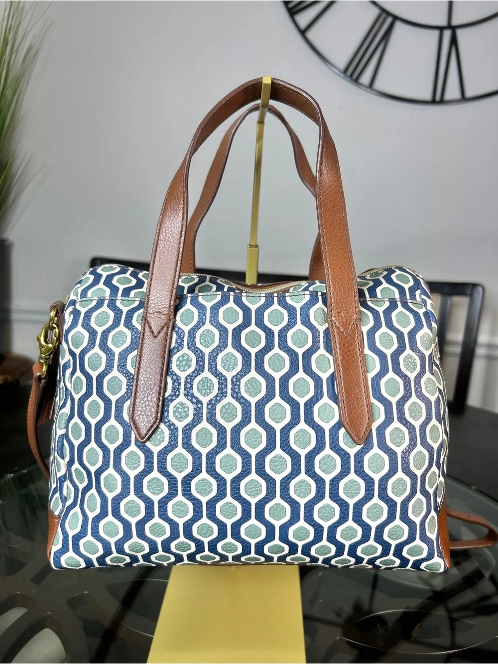 Fossil Geometric Print Satchel Shoulder Bag Blue Teal Coated Canvas Brown